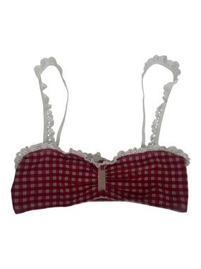 Anthropologie Gingham Lace Trim Ruched Bralette Crop Top Large Plaid Coquette